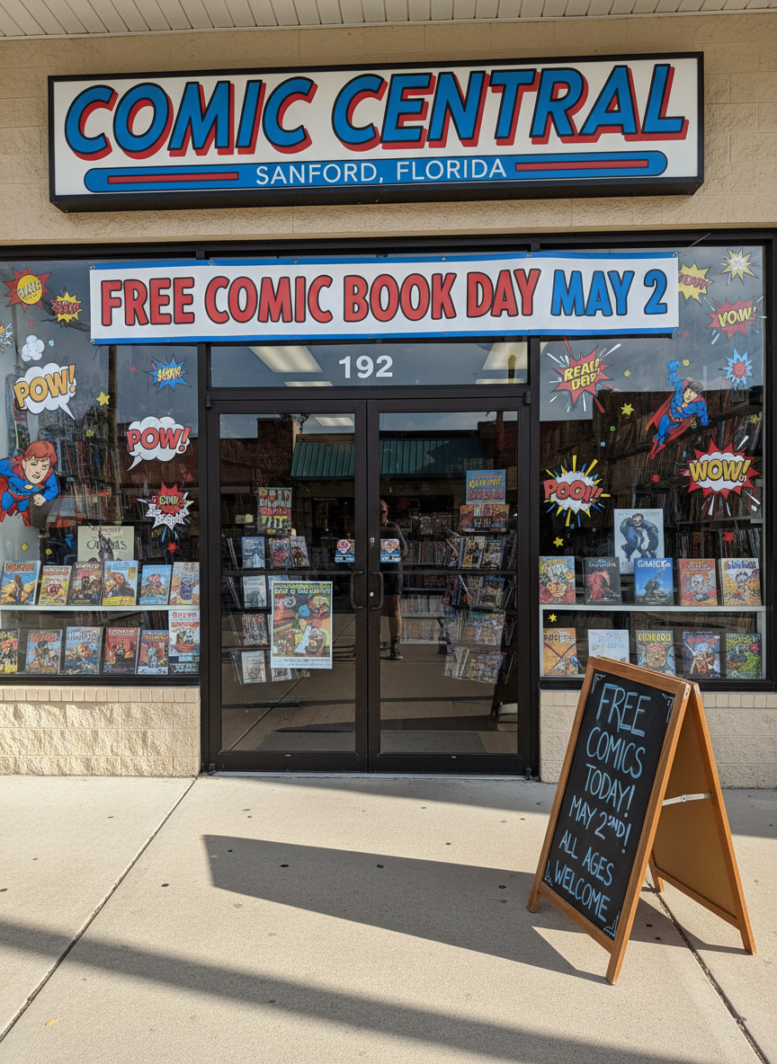 An exterior, photographic view of a comic book shop entrance labeled “Comic Central – Sanford, Florida” above the door, decorated festively for Free Comic Book Day 2026. The glass storefront is covered with bright, comic-style window clings featuring speech bubbles, starbursts, and a large “Free Comic Book Day – May 2” banner. Through the slightly reflective glass, rows of colorful comic racks and neatly arranged displays are visible in soft focus. Late-morning sunlight creates crisp reflections on the glass and gentle shadows on the sidewalk, where a sturdy A-frame sign announces the event. Shot from a slightly low, wide-angle perspective, the composition emphasizes the welcoming doorway and lively signage, conveying an energetic, celebratory, and playful atmosphere with realistic detail.