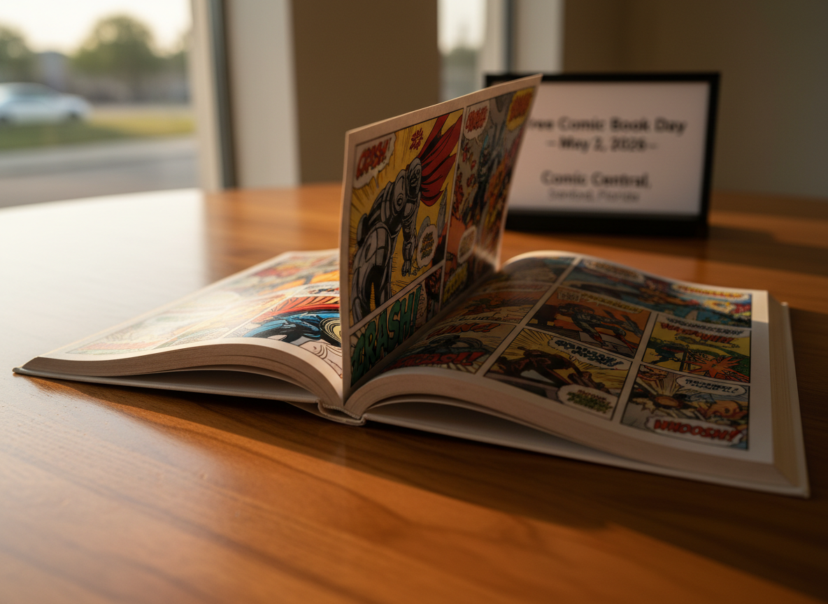 A dramatic, photographic close-up of a single comic book lying open on a smooth wooden table, pages mid-turn as if caught in motion. The visible pages show richly colored panels with dynamic action scenes, speech bubbles, and bold onomatopoeia, though no recognizable licensed characters. The book’s glossy pages catch warm, late-afternoon sunlight streaming from a nearby window, creating gentle highlights along the curved paper and soft shadows on the wood grain. In the softly blurred background, a small tabletop sign with the date “Free Comic Book Day – May 2, 2026” and the words “Comic Central, Sanford, Florida” can be discerned. Shot from a low, close angle with shallow depth of field, the mood is immersive and playful, inviting viewers to dive into the story worlds.