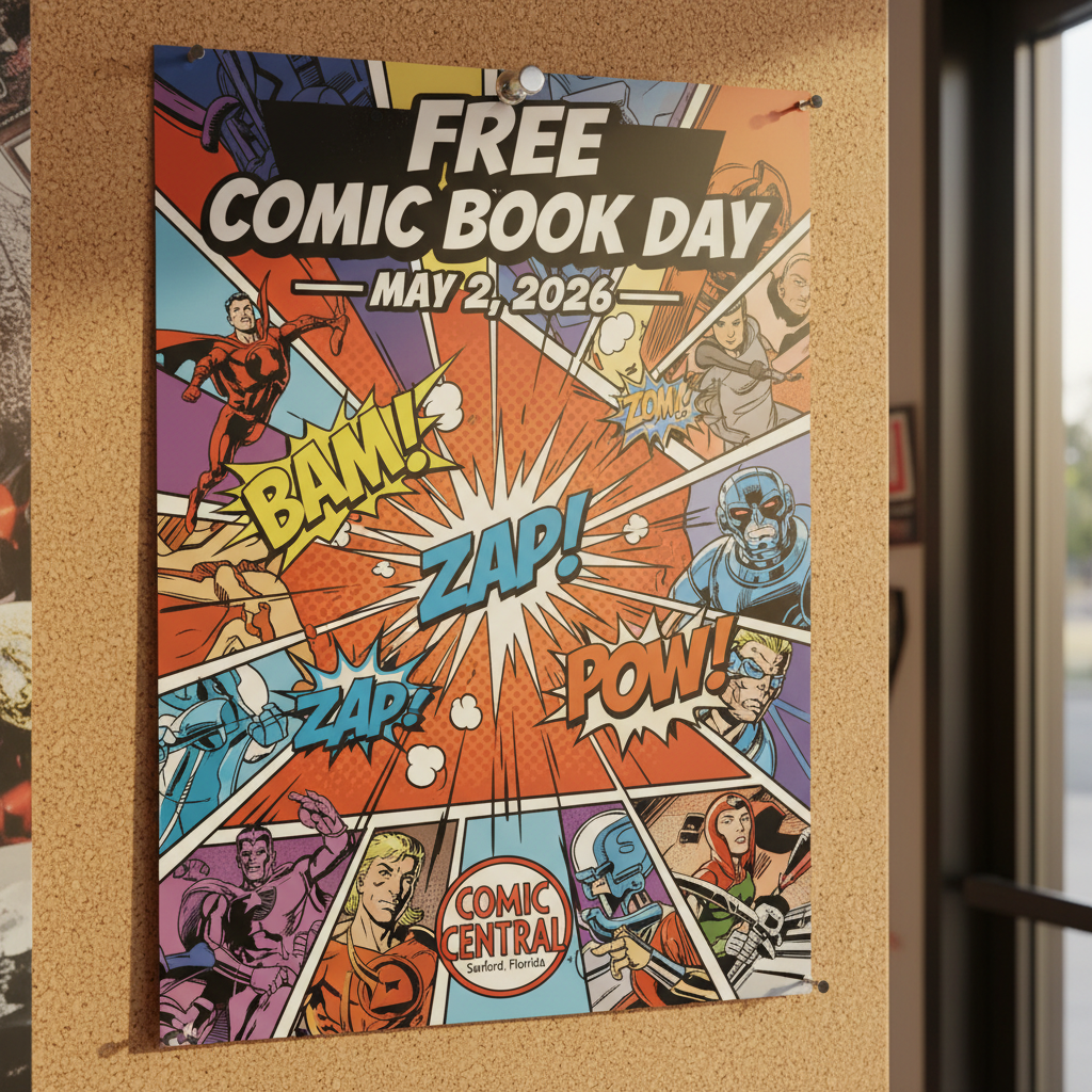 A close-up, photographic view of a glossy “Free Comic Book Day – May 2, 2026” promotional poster pinned to a corkboard beside a glass door. The poster features vivid, stylized comic sound effects like “BAM!” and “ZAP!” bursting from the design, surrounded by illustrated comic panels and a small logo for Comic Central in Sanford, Florida at the bottom edge. Natural afternoon light filters through the nearby glass, creating soft reflections and a gentle glow on the poster’s surface, while the corkboard texture appears crisp and tactile. Shot straight-on with a centered composition and shallow depth of field, the background fades into a subtle blur of shop interiors, giving the image a playful, energetic yet clean and modern atmosphere.