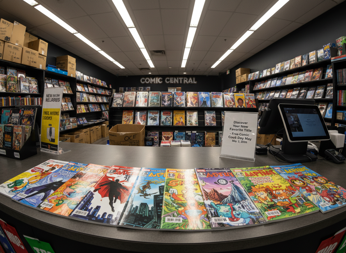 An inviting checkout counter at Comic Central in Sanford, Florida, styled for Free Comic Book Day, with neatly stacked free comic issues fanned out like a colorful deck of cards. Each cover shows distinct superhero silhouettes, fantasy landscapes, and whimsical cartoon characters, all in photographic realism. A small acrylic sign reads “Discover Your New Favorite Title – Free Comic Book Day, May 2, 2026.” Behind the counter, organized shelves of bagged and boarded comics, labeled boxes, and a visible point-of-sale tablet create a professional yet playful environment. Overhead LED track lights cast even, bright illumination with soft shadows, while the composition uses the rule of thirds and a slightly elevated angle to emphasize the spread of comics and the sense of anticipation in the shop.
